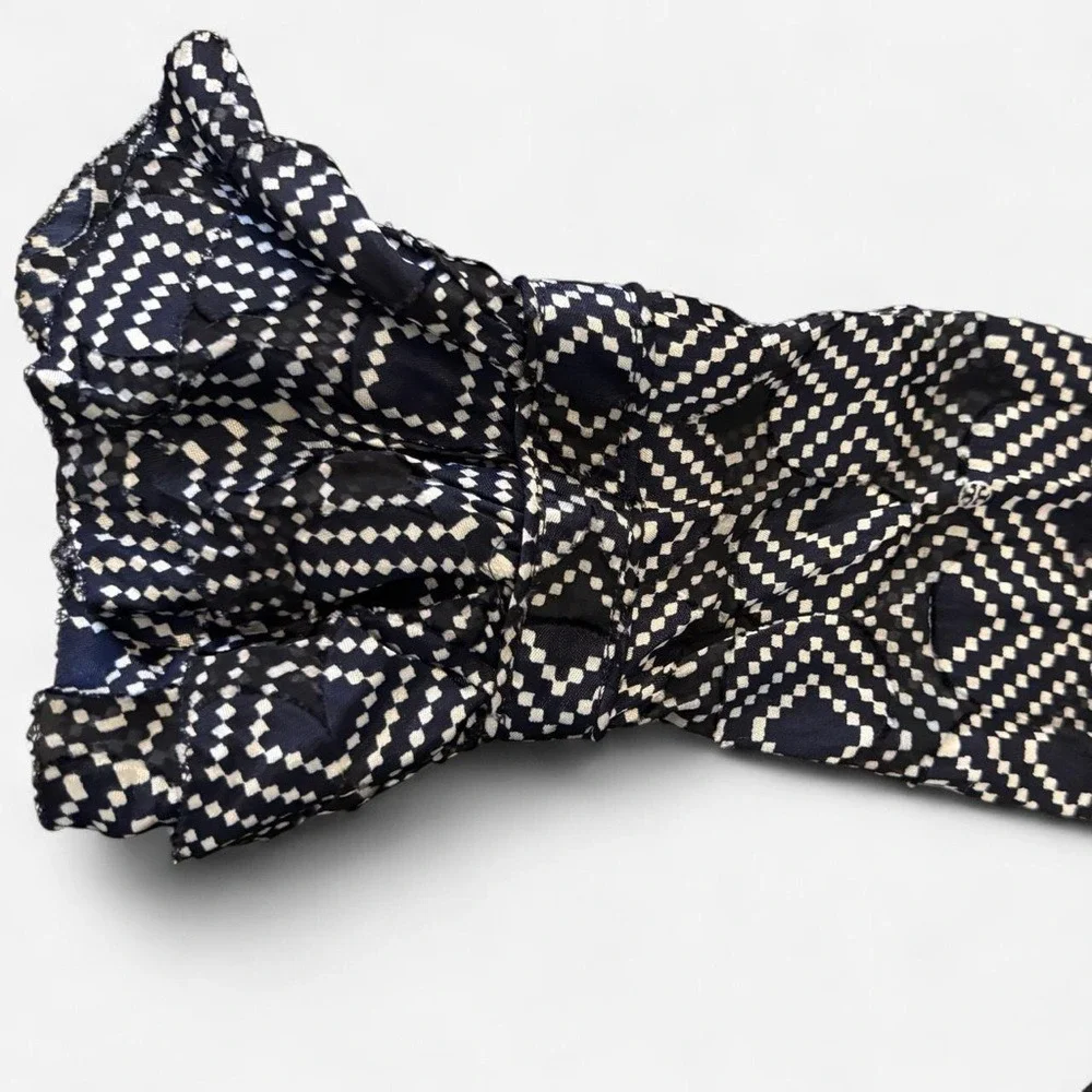 Tory Burch Navy Diamond Print Silk Ruffle Tunic Blouse Bell‎ Sleeve Size 4